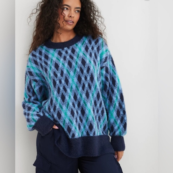 Aerie Argyle Oversized Sweater – Navy/Green/Blue – Size Small – NWT - Picture 1 of 13
